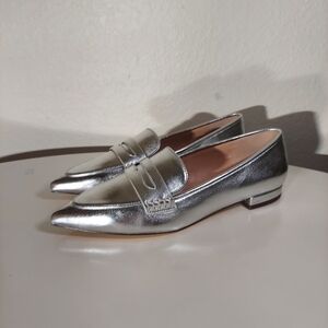 TALBOTS Silver Metallic Leather Pointy Toe Loafer Flats Women's Size 10.5 M